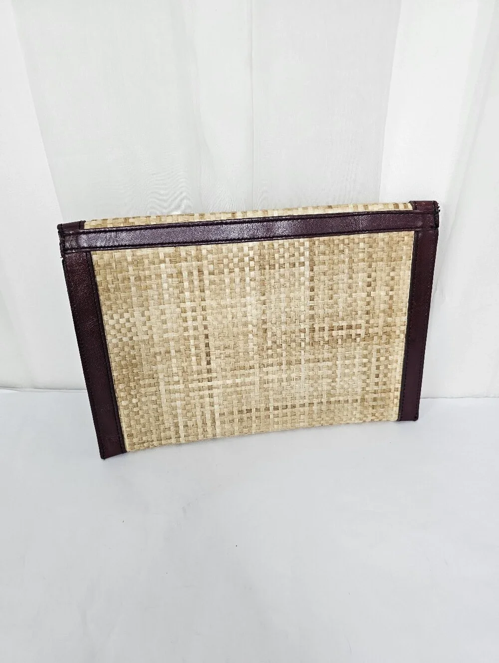 Etienne Aigner Woven Straw Clutch with Burgundy Leather Trim Vintage